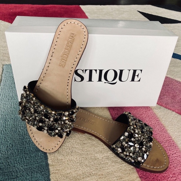 Mystique Cannon Cambodia Black Clear Crystal Jeweled Leather Slide Sandals sz 5 - Picture 1 of 5